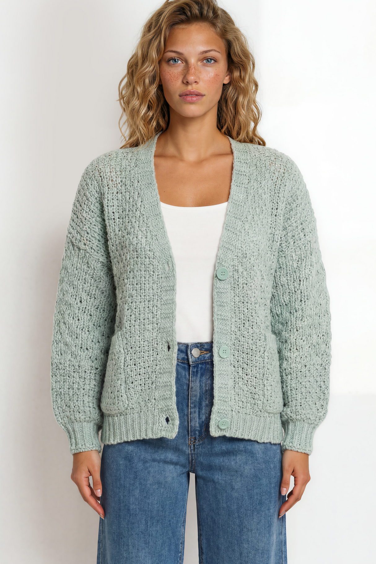 Model wearing Grayson Cardigan in  Sage from Salty Crush
