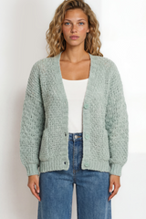 Model wearing Grayson Cardigan in  Sage from Salty Crush
