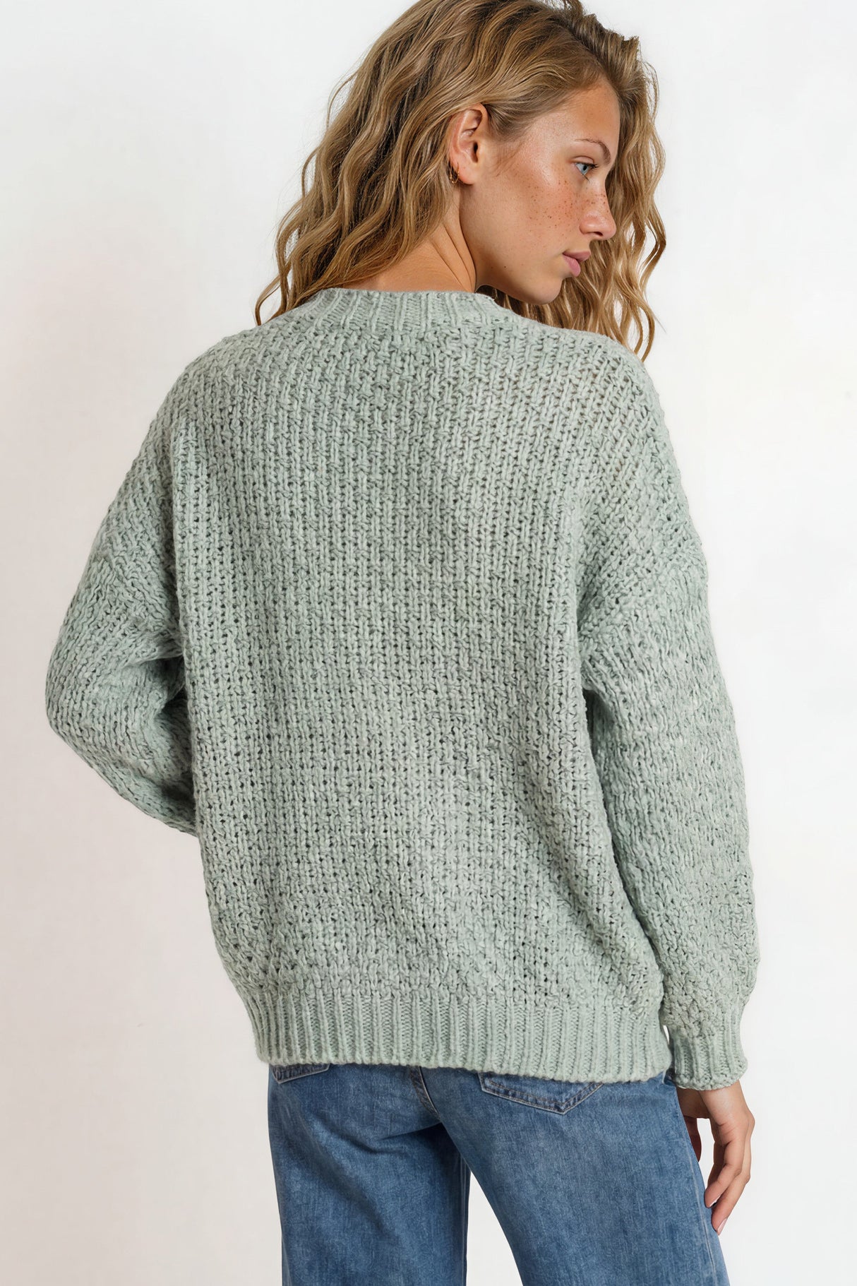 Model wearing Grayson Cardigan in  Sage from Salty Crush
