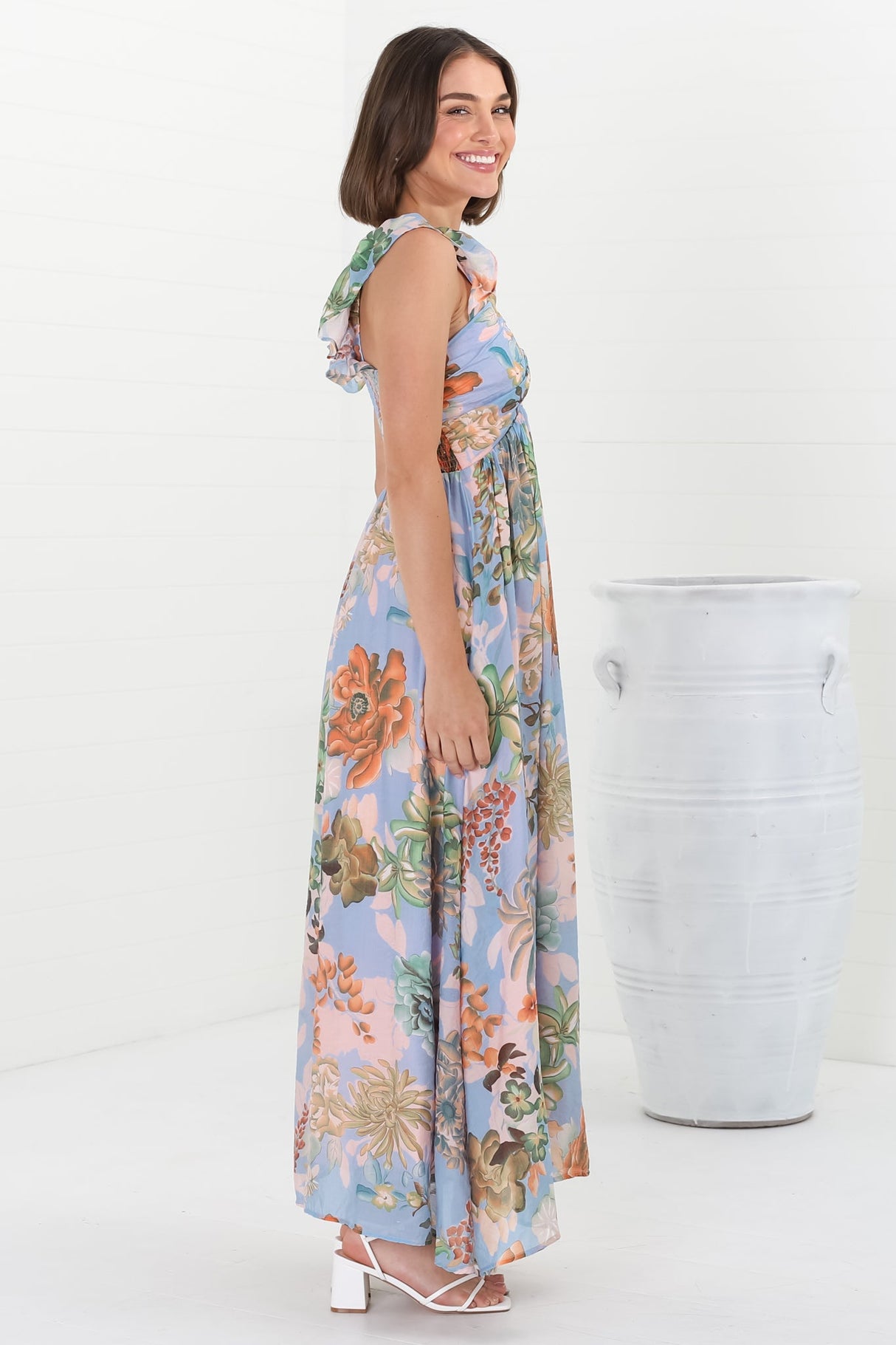 Greta Maxi Dress - Frill Strap V-Neck A-Line Dress in Sula Print