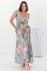 Greta Maxi Dress - Frill Strap V-Neck A-Line Dress in Sula Print