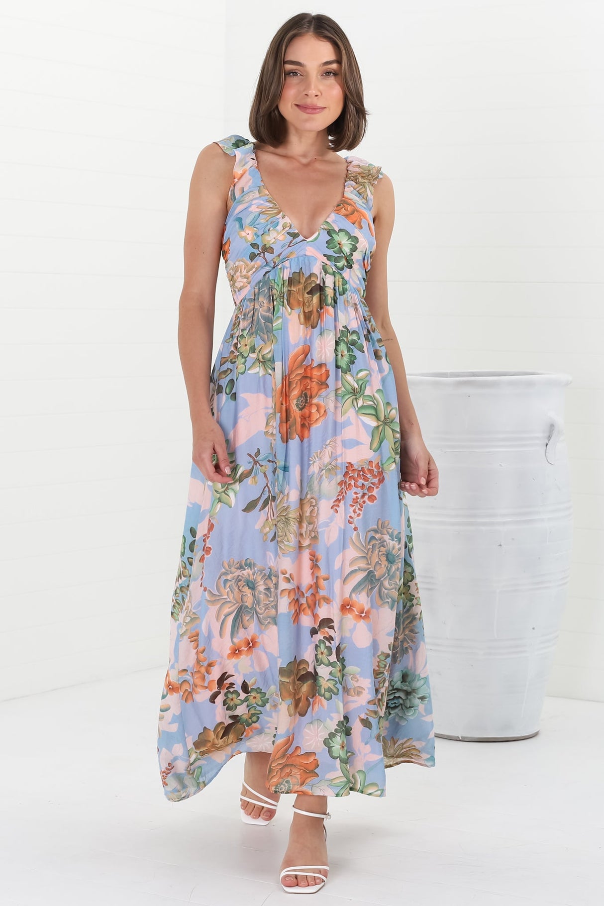 Greta Maxi Dress - Frill Strap V-Neck A-Line Dress in Sula Print