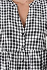 Greta Mini Dress - Manadrin Collar Button Down Dress in Gingham Print Black