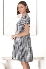 Greta Mini Dress - Manadrin Collar Button Down Dress in Gingham Print Black