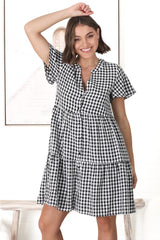 Greta Mini Dress - Manadrin Collar Button Down Dress in Gingham Print Black