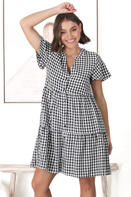 Greta Mini Dress - Manadrin Collar Button Down Dress in Gingham Print Black