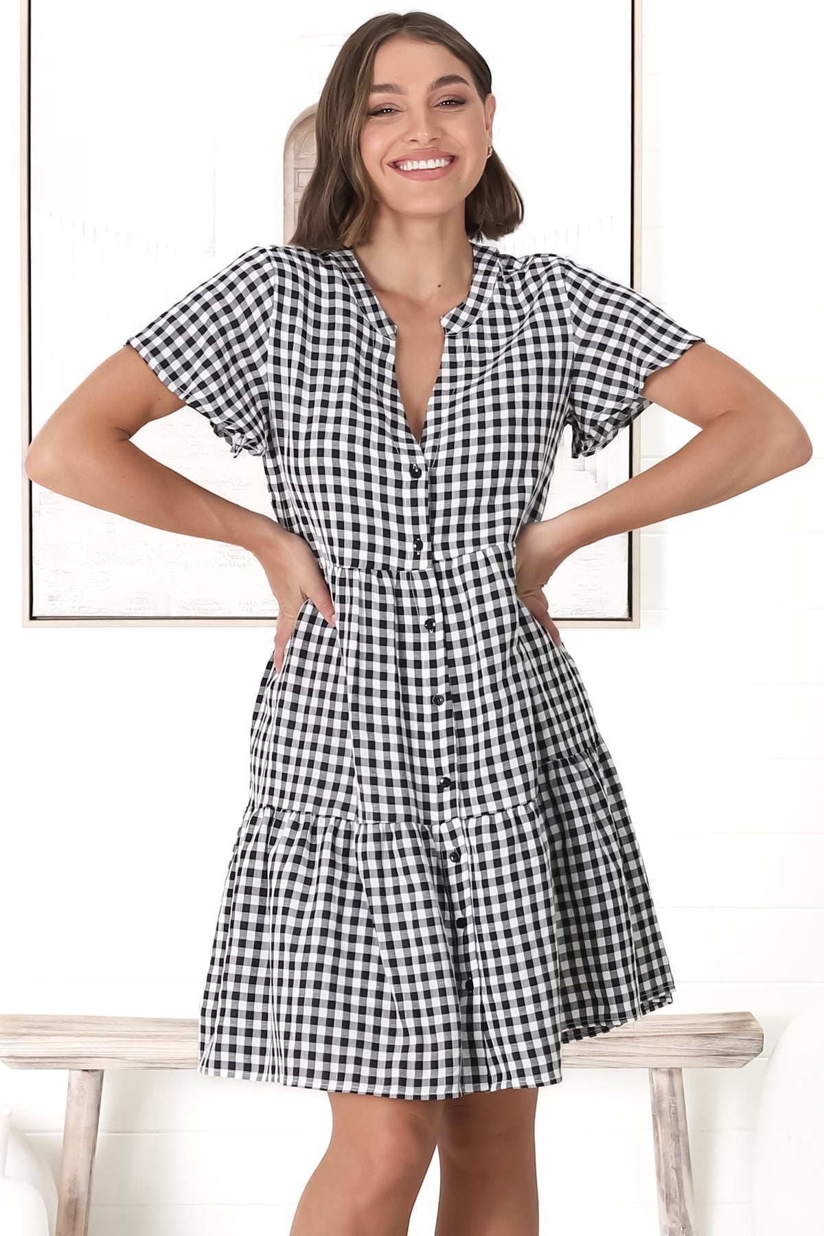 Greta Mini Dress - Manadrin Collar Button Down Dress in Gingham Print Black