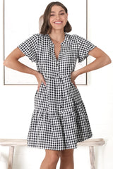 Greta Mini Dress - Manadrin Collar Button Down Dress in Gingham Print Black