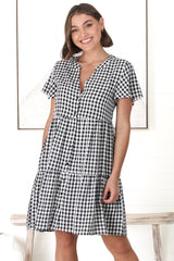 Greta Mini Dress - Manadrin Collar Button Down Dress in Gingham Print Black