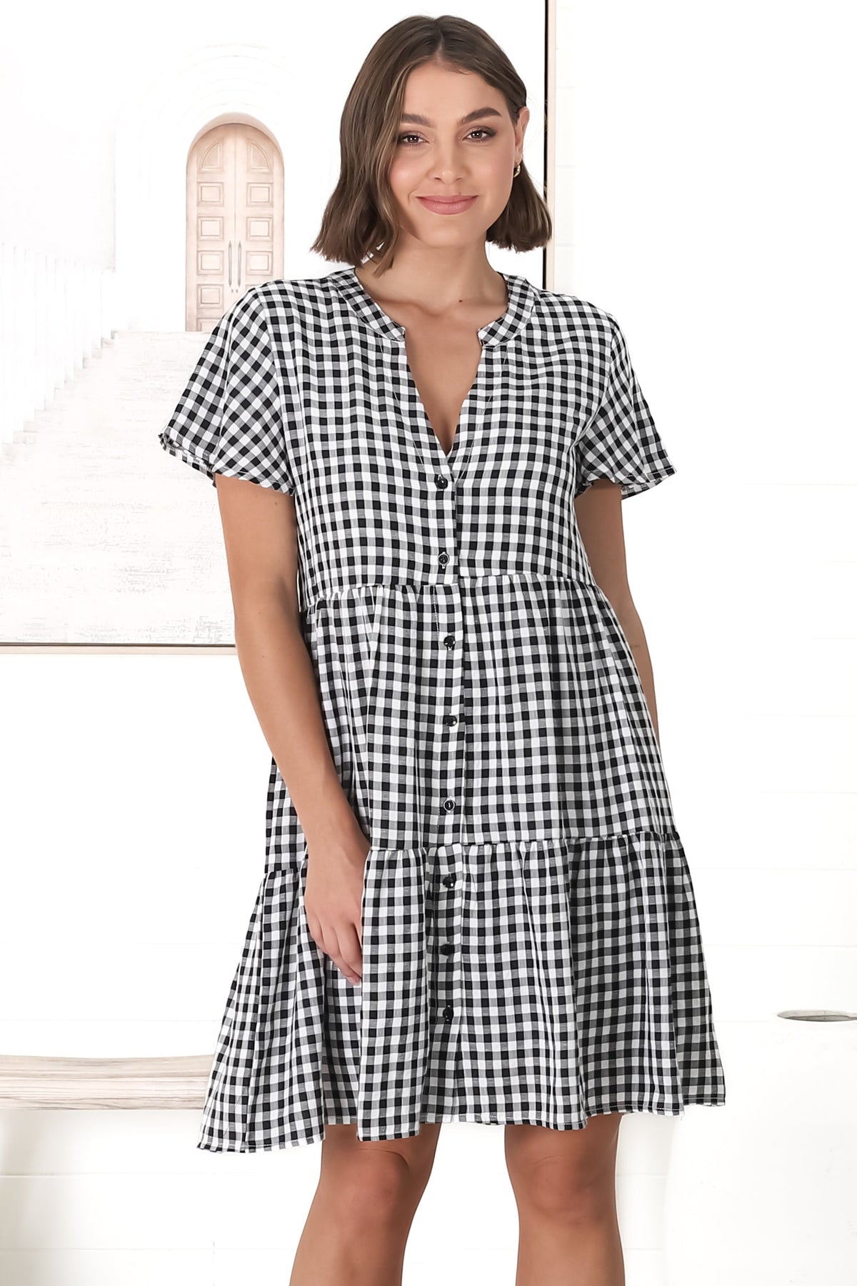 Greta Mini Dress - Manadrin Collar Button Down Dress in Gingham Print Black