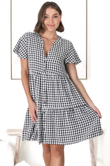 Greta Mini Dress - Manadrin Collar Button Down Dress in Gingham Print Black