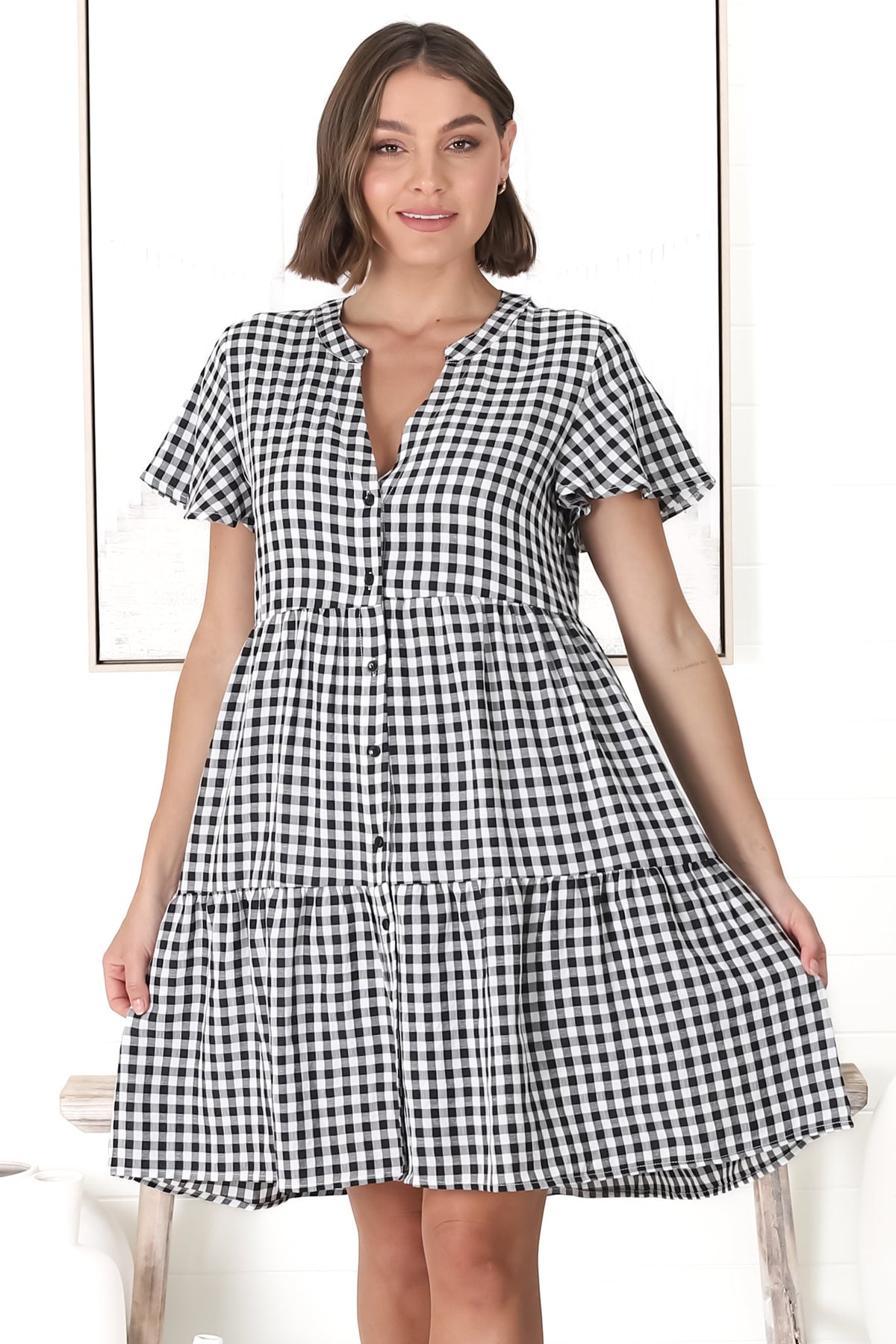 Greta Mini Dress - Manadrin Collar Button Down Dress in Gingham Print Black