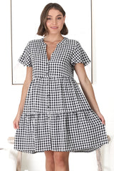 Greta Mini Dress - Manadrin Collar Button Down Dress in Gingham Print Black