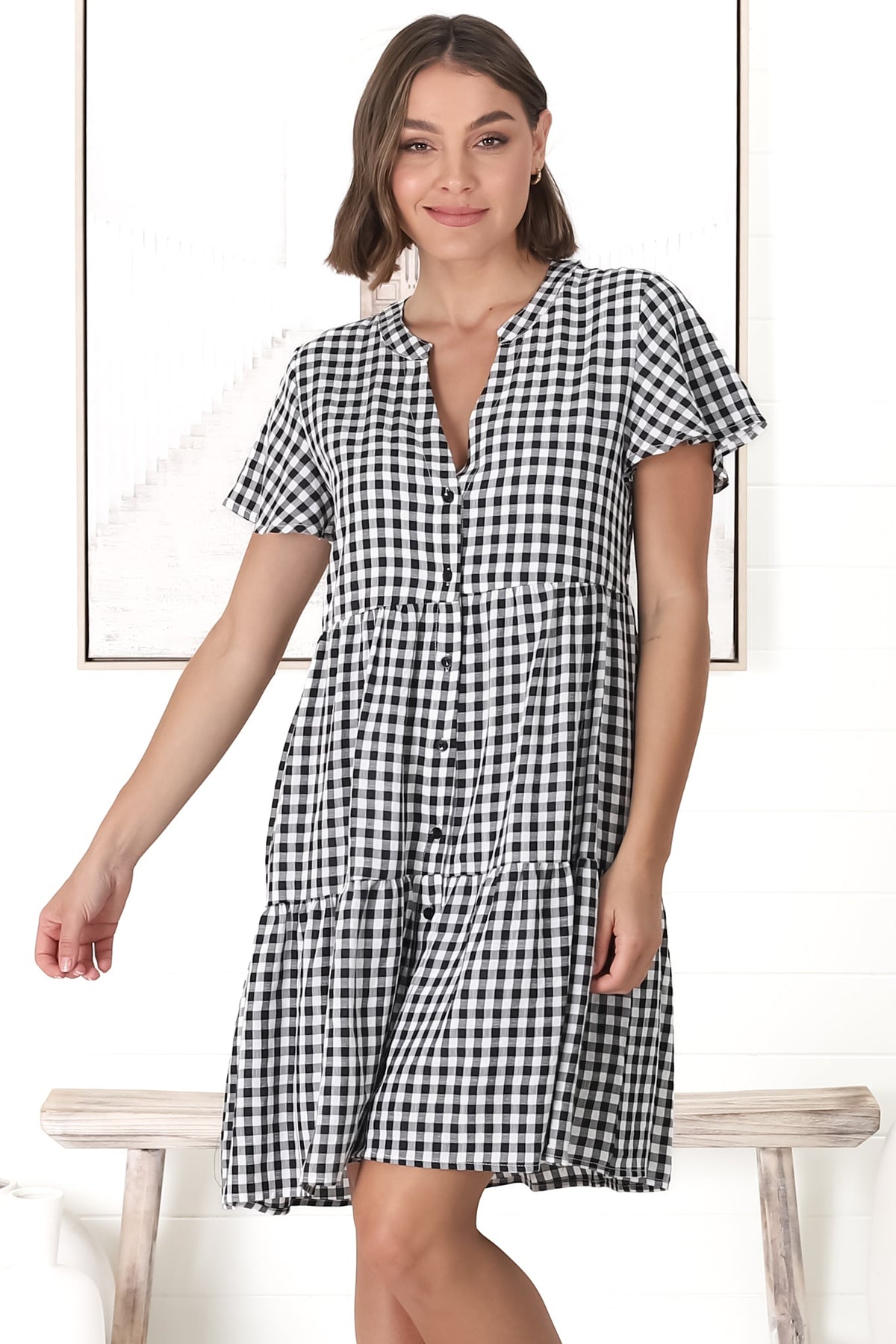 Greta Mini Dress - Manadrin Collar Button Down Dress in Gingham Print Black