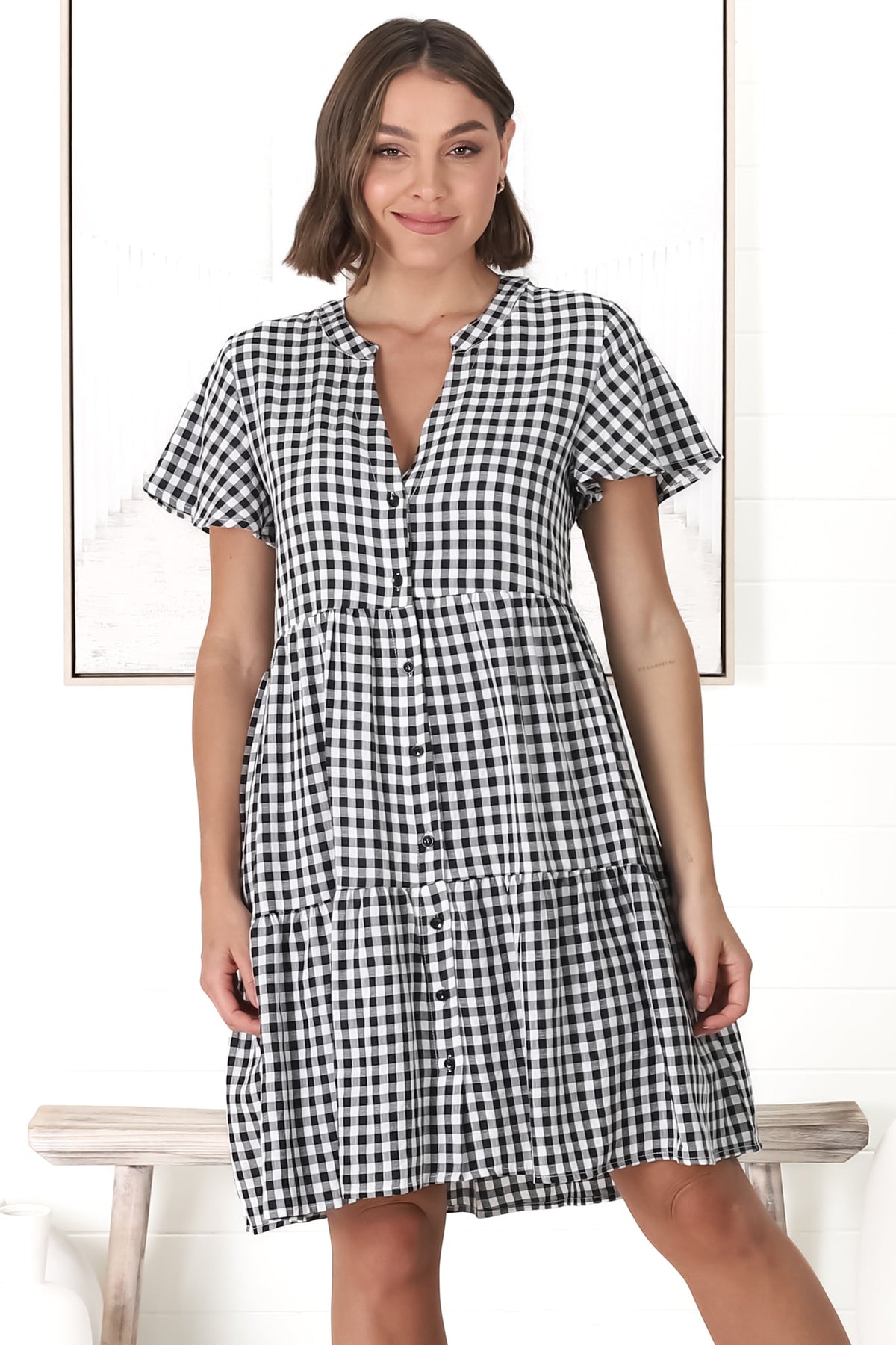 Greta Mini Dress - Manadrin Collar Button Down Dress in Gingham Print Black