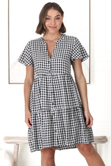 Greta Mini Dress - Manadrin Collar Button Down Dress in Gingham Print Black