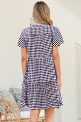 Greta Mini Dress - Manadrin Collar Button Down Dress in Gingham Print Black