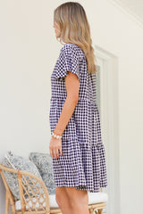 Greta Mini Dress - Manadrin Collar Button Down Dress in Gingham Print Black