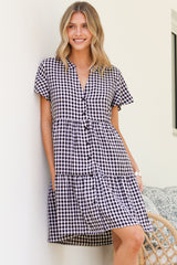 Greta Mini Dress - Manadrin Collar Button Down Dress in Gingham Print Black
