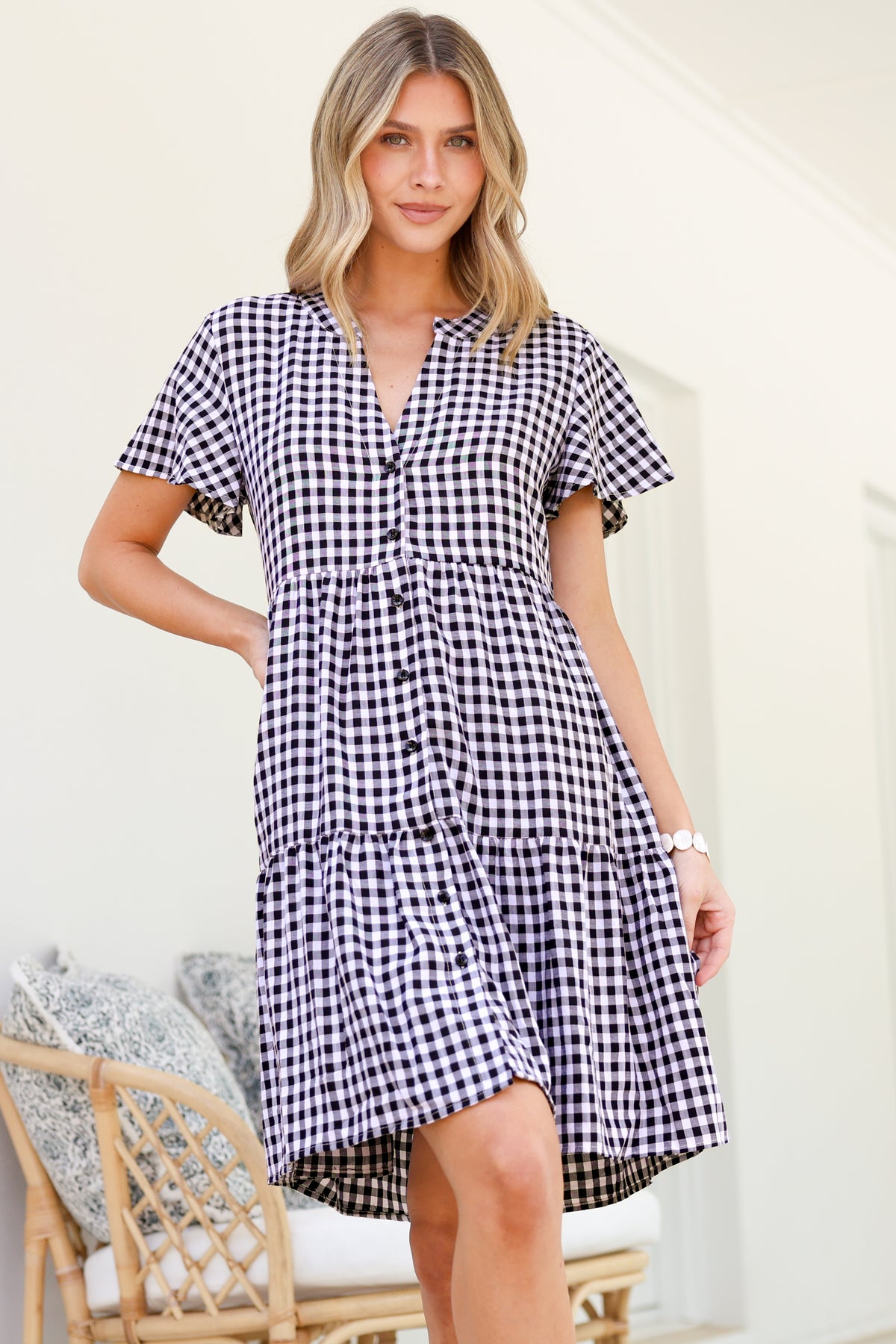 Greta Mini Dress - Manadrin Collar Button Down Dress in Gingham Print Black