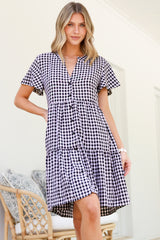 Greta Mini Dress - Manadrin Collar Button Down Dress in Gingham Print Black