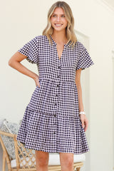 Greta Mini Dress - Manadrin Collar Button Down Dress in Gingham Print Black