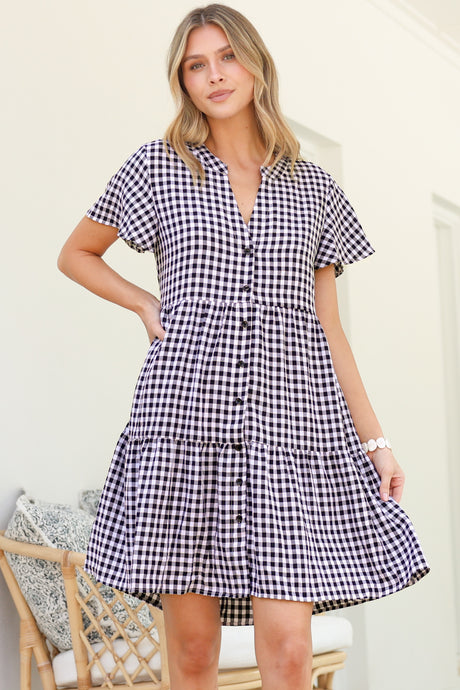 Greta Mini Dress - Manadrin Collar Button Down Dress in Gingham Print Black