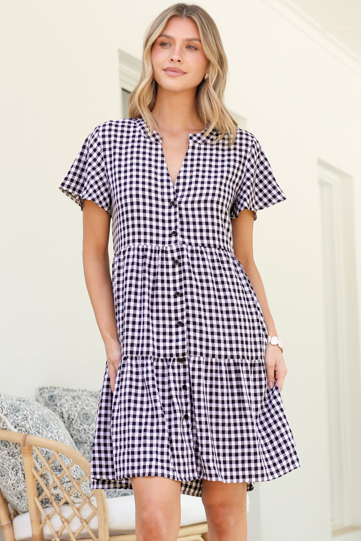 Greta Mini Dress - Manadrin Collar Button Down Dress in Gingham Print Black