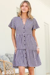 Greta Mini Dress - Manadrin Collar Button Down Dress in Gingham Print Black