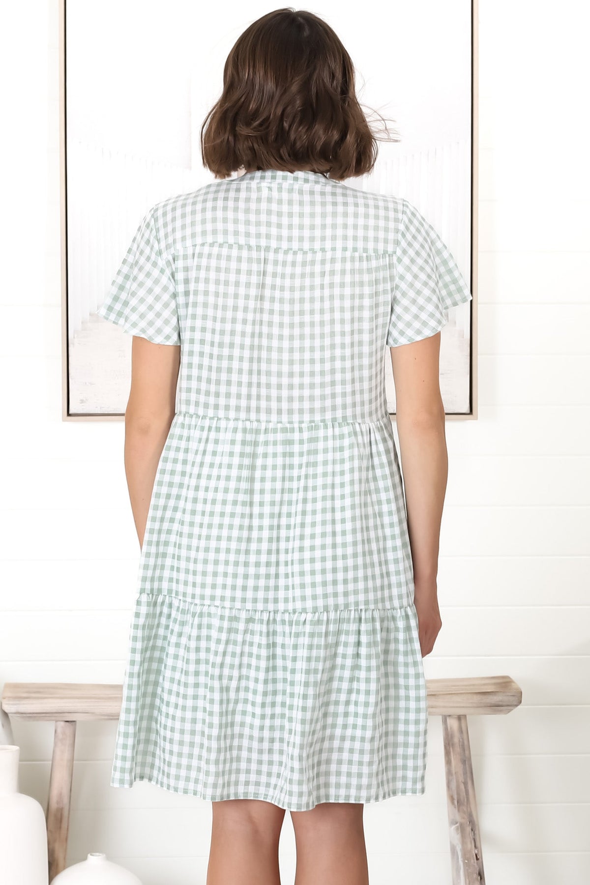 Greta Mini Dress - Manadrin Collar Button Down Dress in Gingham Print Green