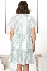 Greta Mini Dress - Manadrin Collar Button Down Dress in Gingham Print Green