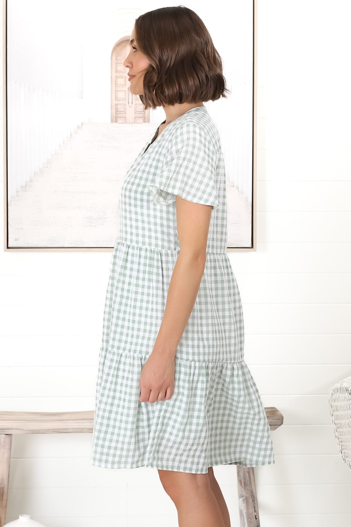 Greta Mini Dress - Manadrin Collar Button Down Dress in Gingham Print Green