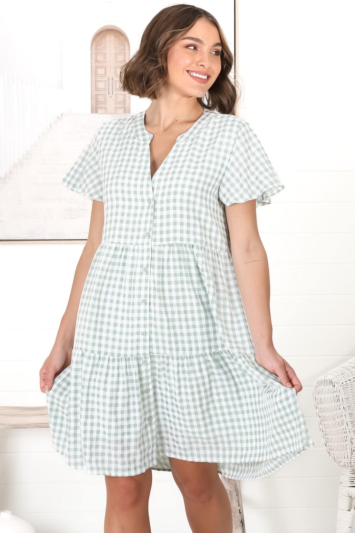 Greta Mini Dress - Manadrin Collar Button Down Dress in Gingham Print Green