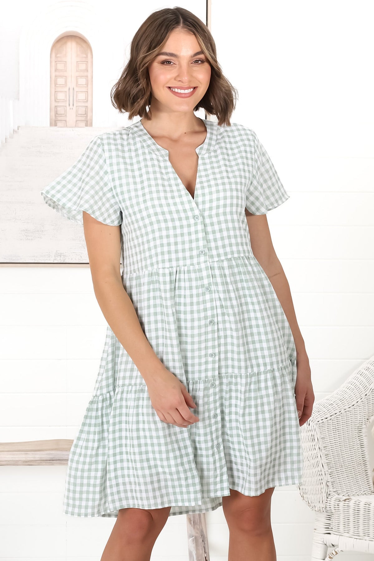 Greta Mini Dress - Manadrin Collar Button Down Dress in Gingham Print Green