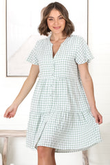 Greta Mini Dress - Manadrin Collar Button Down Dress in Gingham Print Green