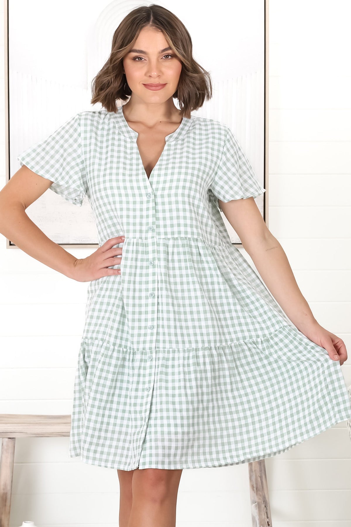 Greta Mini Dress - Manadrin Collar Button Down Dress in Gingham Print Green