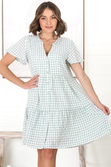 Greta Mini Dress - Manadrin Collar Button Down Dress in Gingham Print Green