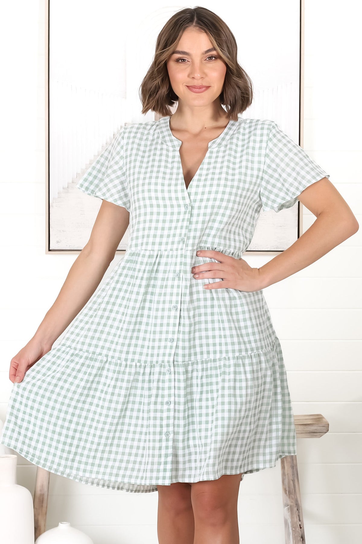 Greta Mini Dress - Manadrin Collar Button Down Dress in Gingham Print Green