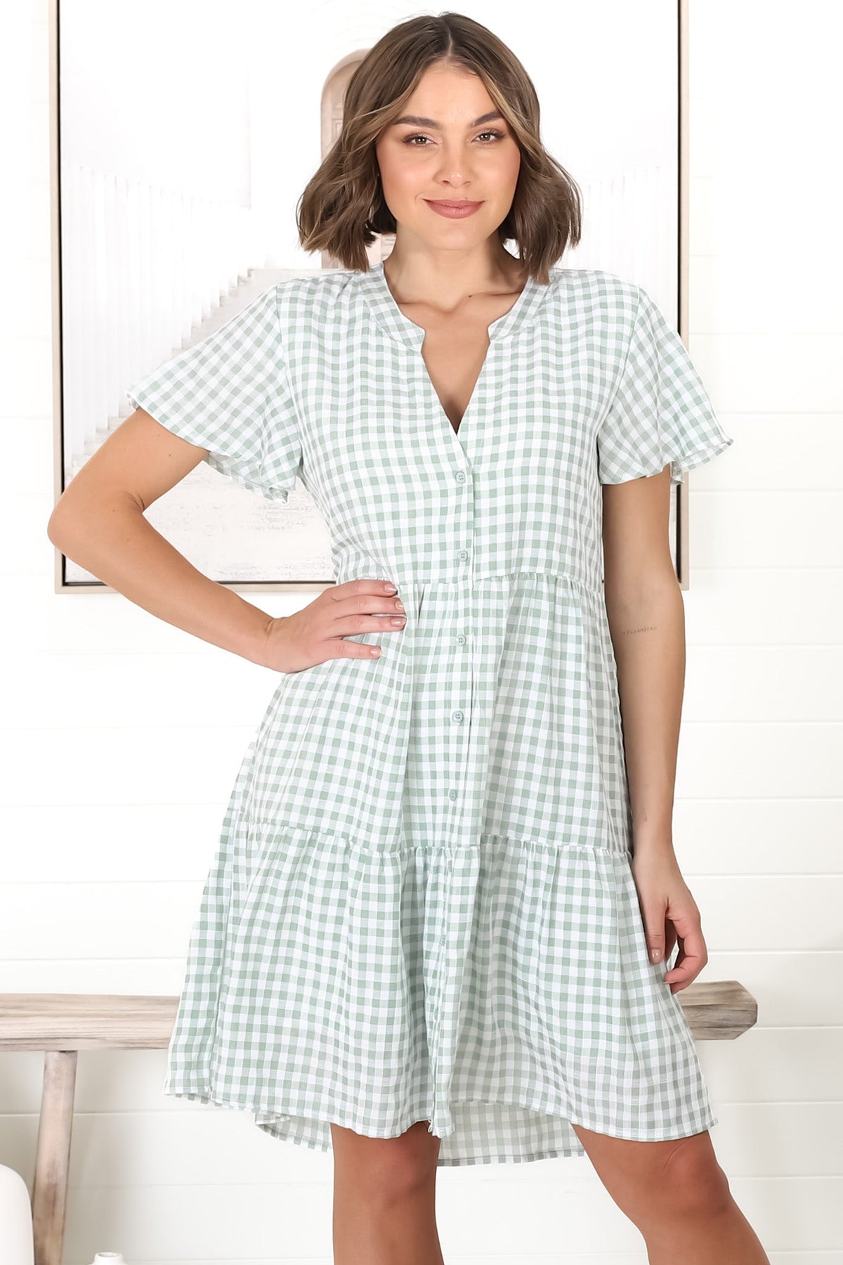 Greta Mini Dress - Manadrin Collar Button Down Dress in Gingham Print Green