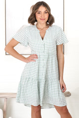 Greta Mini Dress - Manadrin Collar Button Down Dress in Gingham Print Green