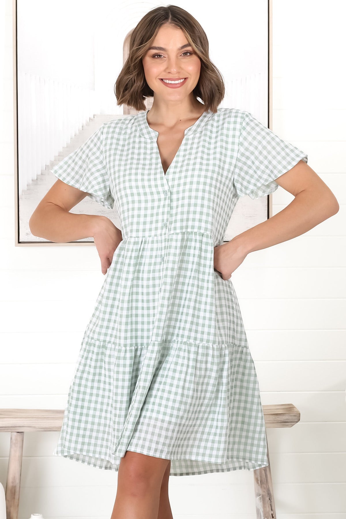 Greta Mini Dress - Manadrin Collar Button Down Dress in Gingham Print Green