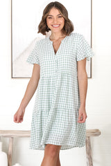 Greta Mini Dress - Manadrin Collar Button Down Dress in Gingham Print Green