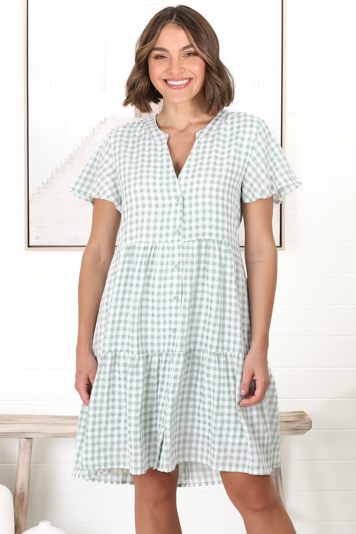 Greta Mini Dress - Manadrin Collar Button Down Dress in Gingham Print Green