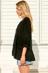 Greta Top - Mandarin Collar Smock Top Black