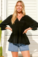 Greta Top - Mandarin Collar Smock Top Black