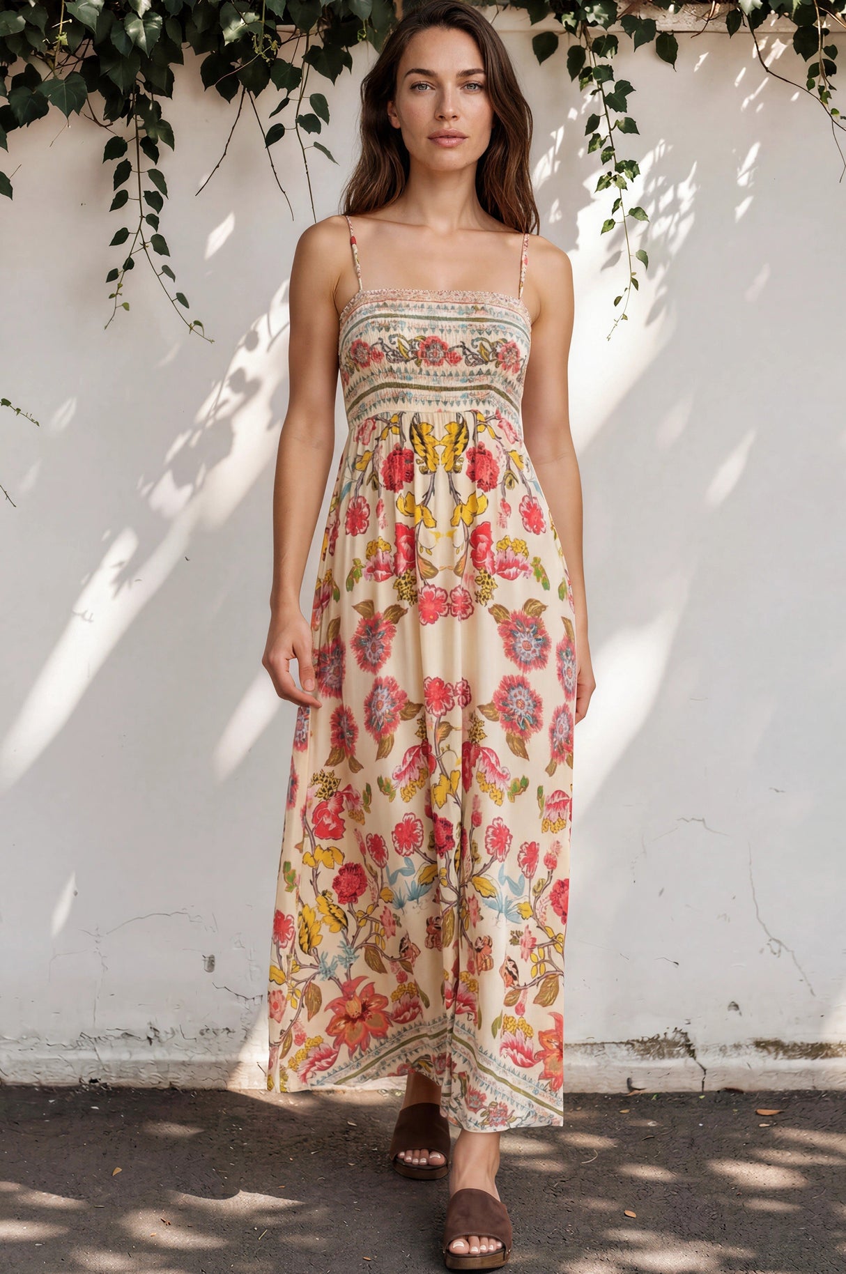 Model wearing Gretal Maxi Dress in Sweet Tea Print from Salty Crush