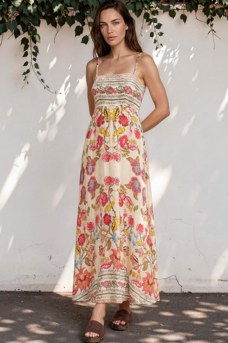 Model wearing Gretal Maxi Dress in Sweet Tea Print from Salty Crush