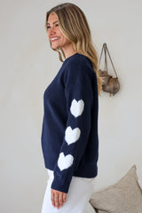 Gretchen Jumper - Crew Neck Contrast Heart Print Long Sleeves in Navy