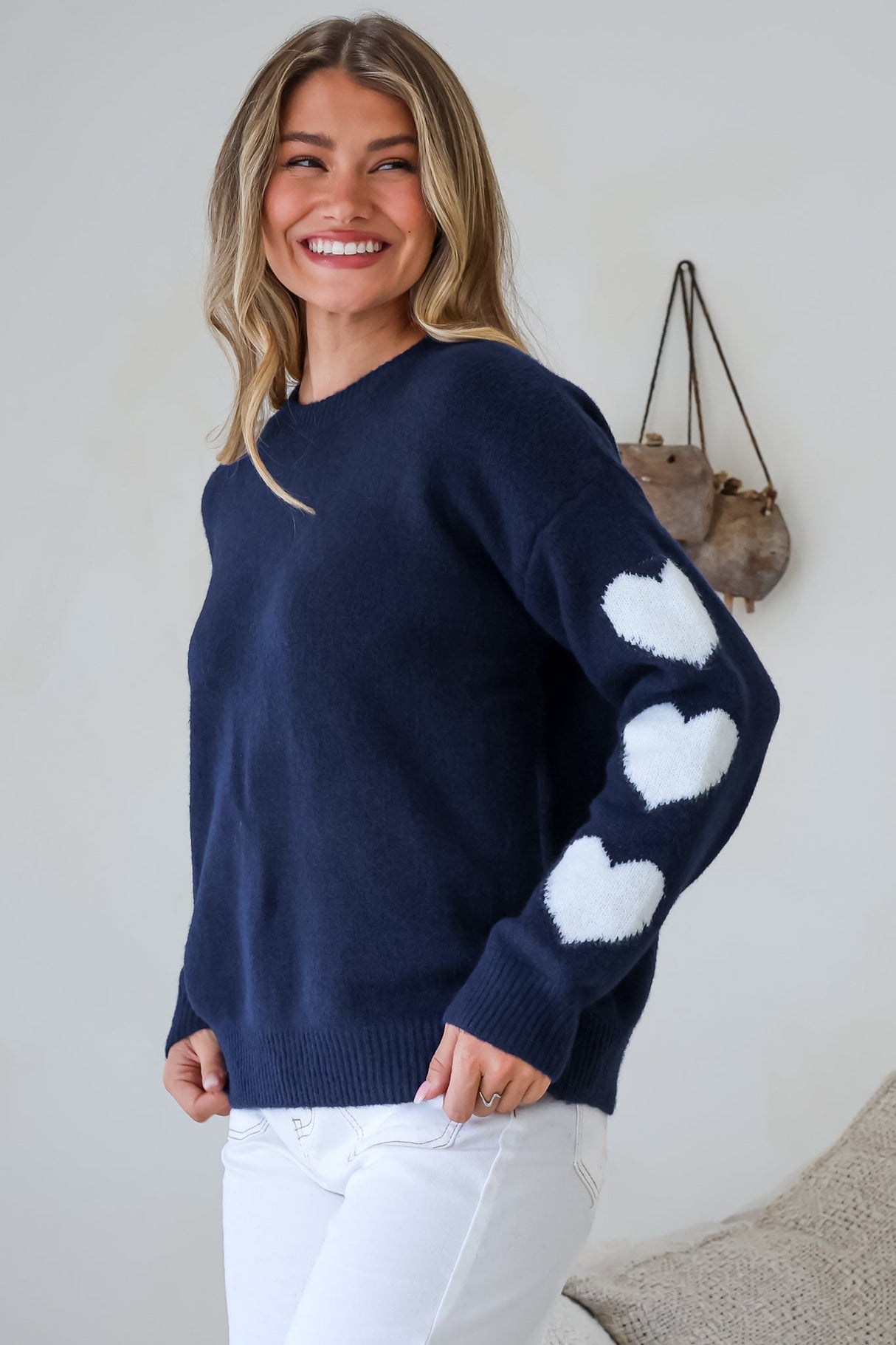 Gretchen Jumper - Crew Neck Contrast Heart Print Long Sleeves in Navy