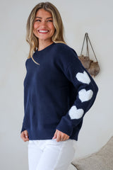 Gretchen Jumper - Crew Neck Contrast Heart Print Long Sleeves in Navy
